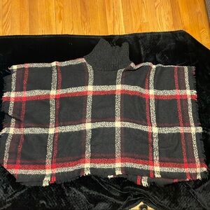Black Plaid Poncho with Red and tan Checkered Design